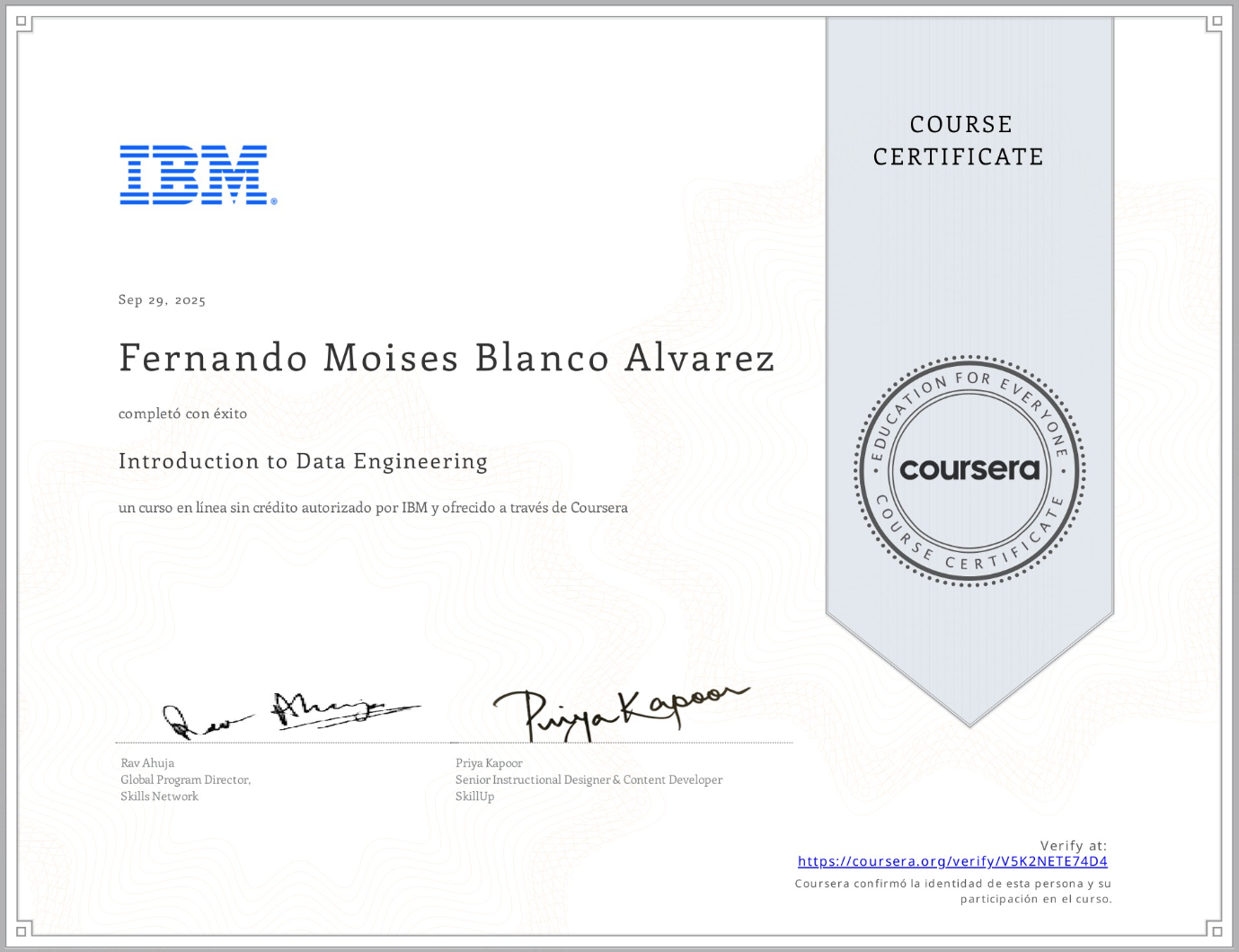 Certificado Introduccion a Ingenieria de Datos IBM