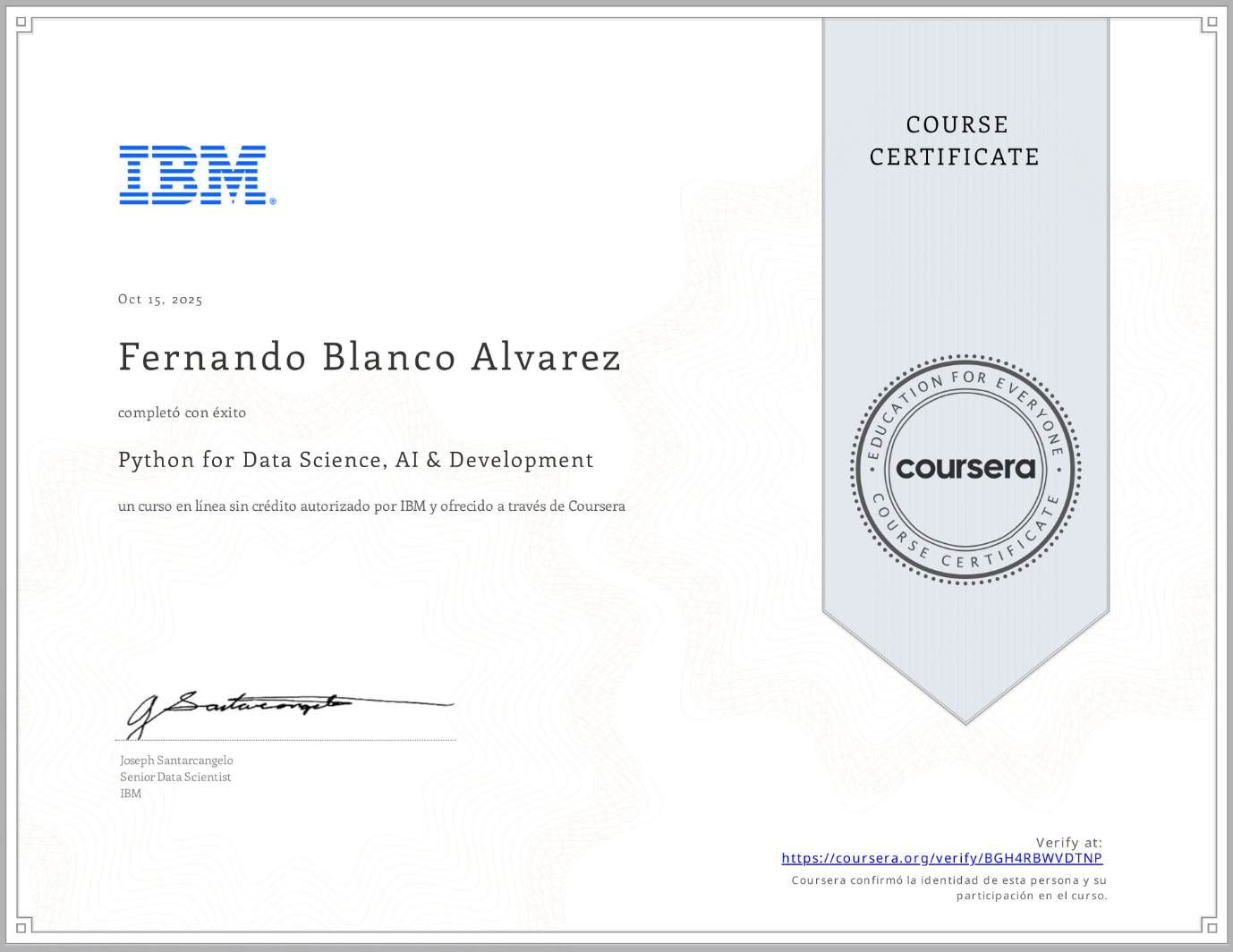 Certificado Python for Data Science, AI & Development